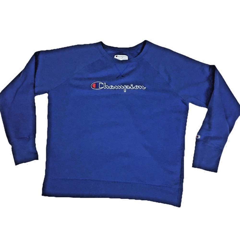 Champion Mens Crewneck Sweatshirt Blue Embroidered Script Logo Large Raglan L‎